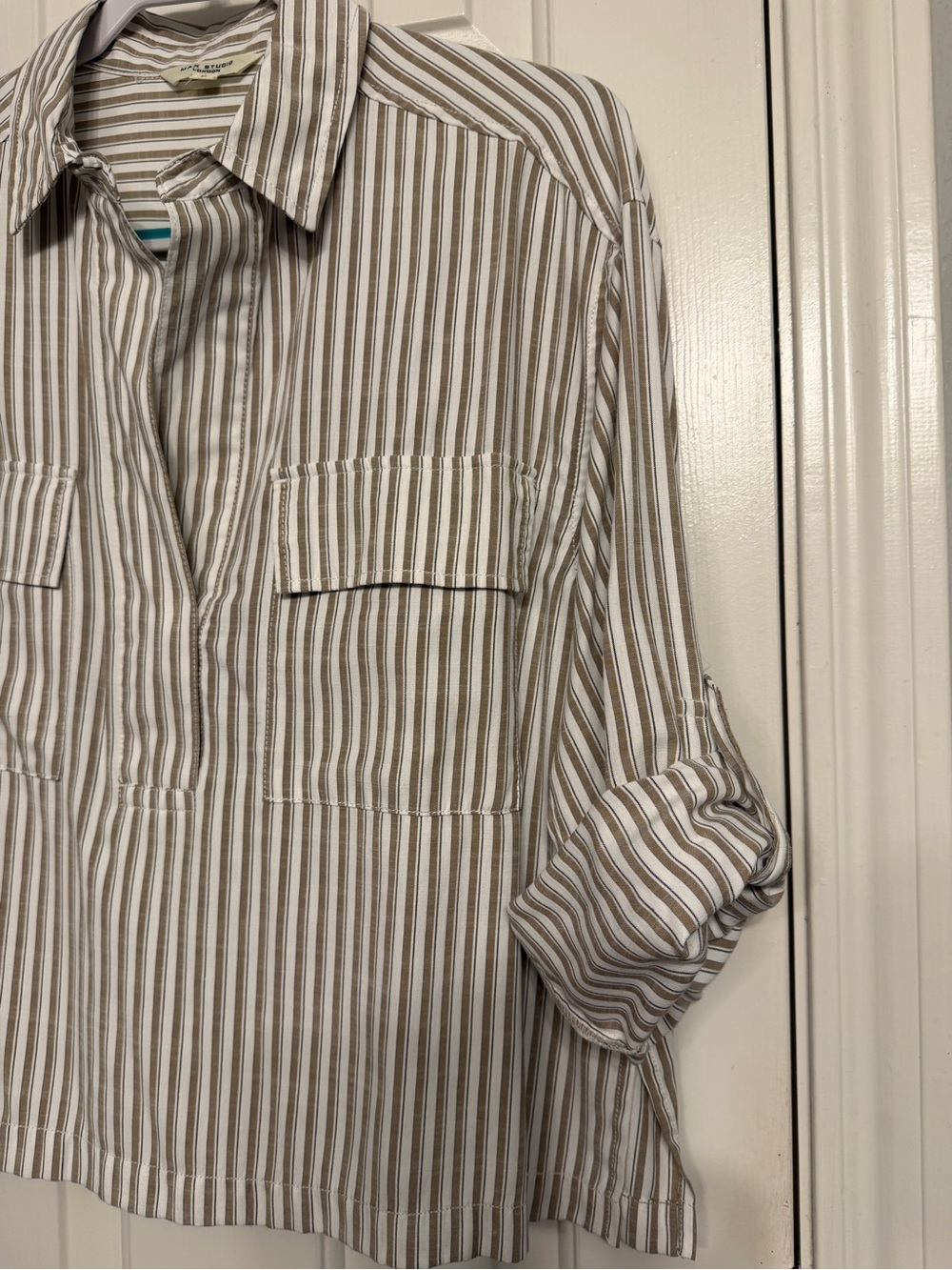 Max Studio Taupe and White Striped Button-Down Shirt - Picture 4 of 6